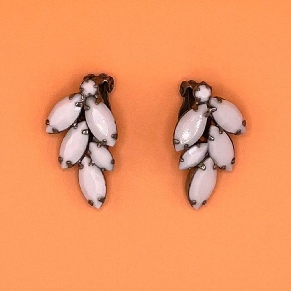 VTG Milk Glass Clip-On Earrings | Mid-Century Floral Navette Costume Jewelry
